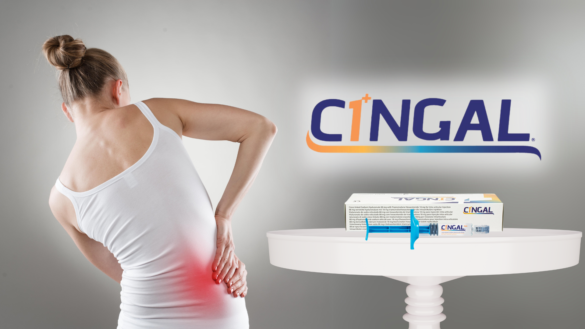 Woman with hip pain beside Cingal injection.