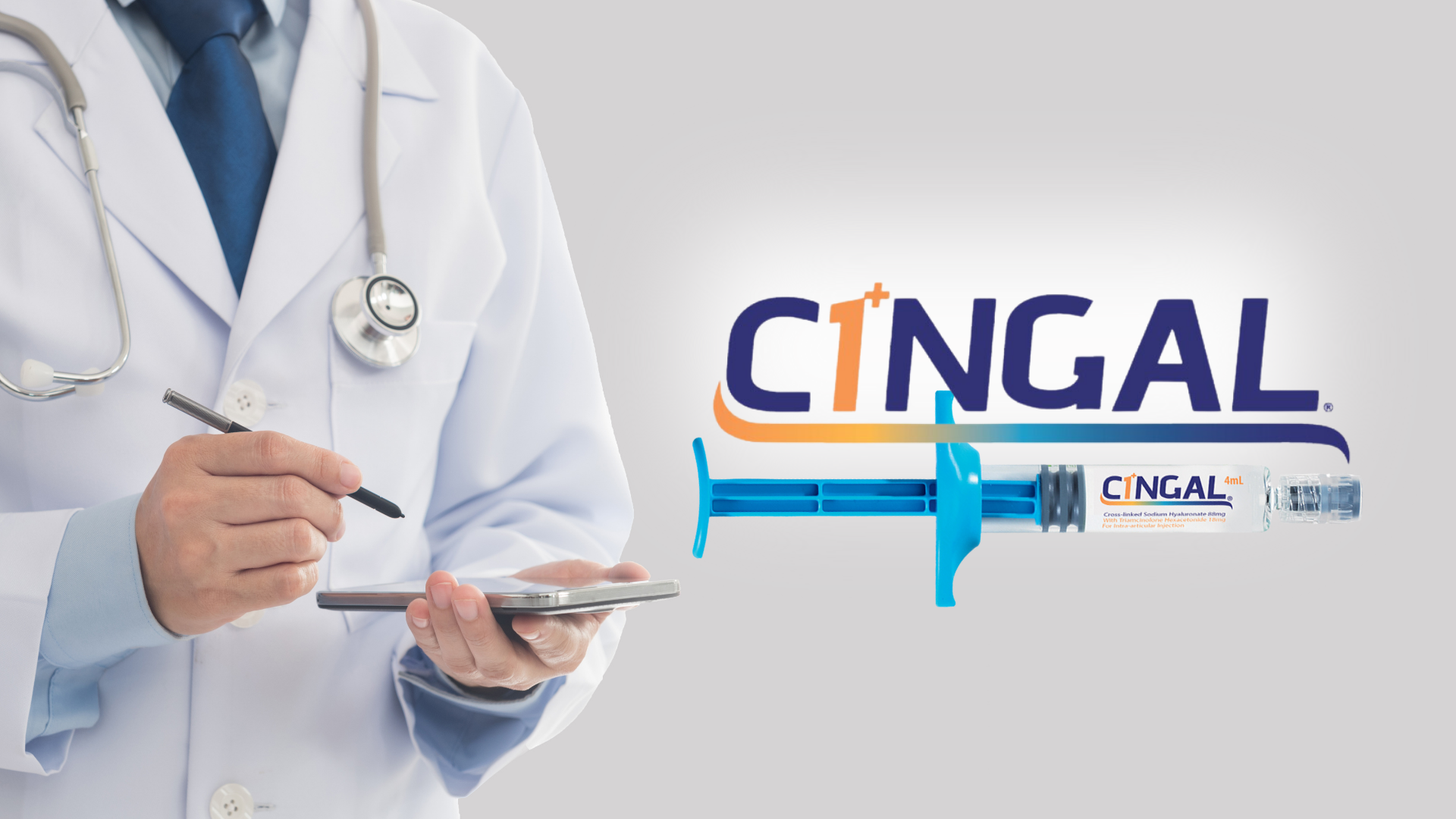 Doctor with tablet and the Cingal logo + syringe beside them.