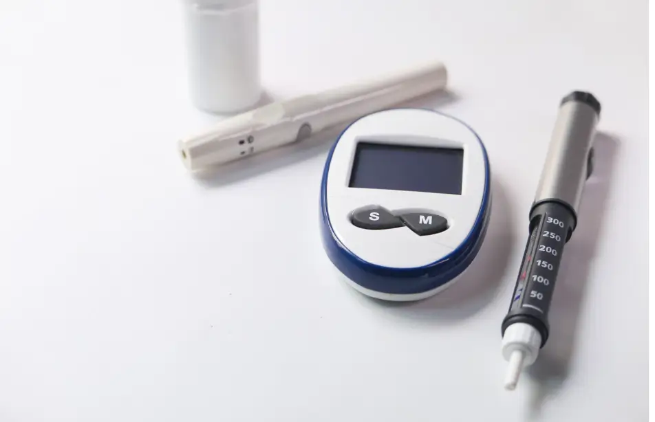 Insulin pens and other tools for checking blood sugar are ready.